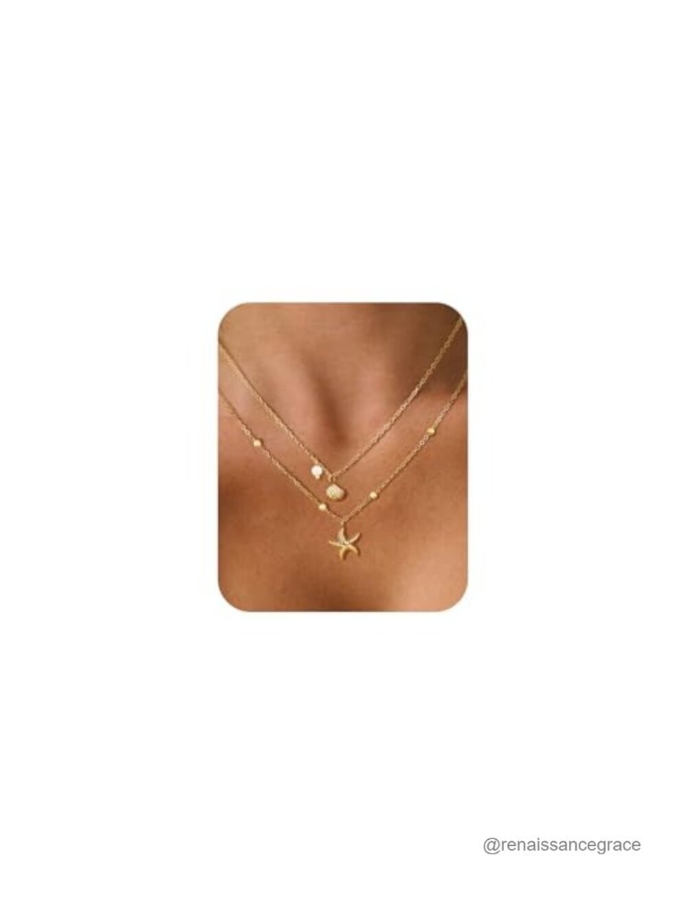 14k Gold Plated Layered Seashell Starfish Pearl Necklace, Adjustable Stainless